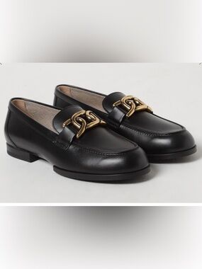 Tod's Black Leather Loafers with Gold Chain Detail